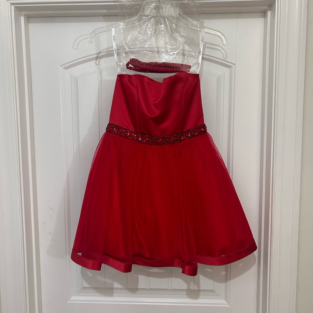 Red Strapless Dress with Sequin Waist